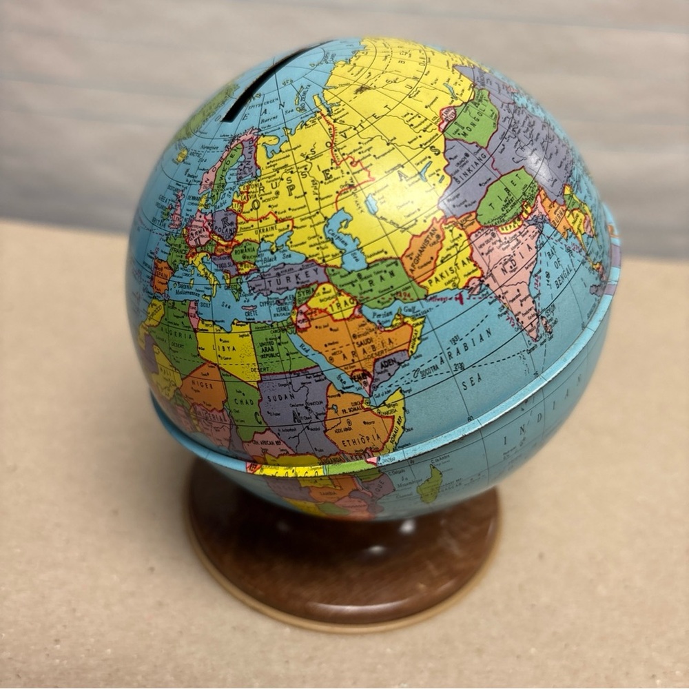 Dented Tin Litho World Globe Earth Metal Coin Piggy Bank with Stopper 5" Decor